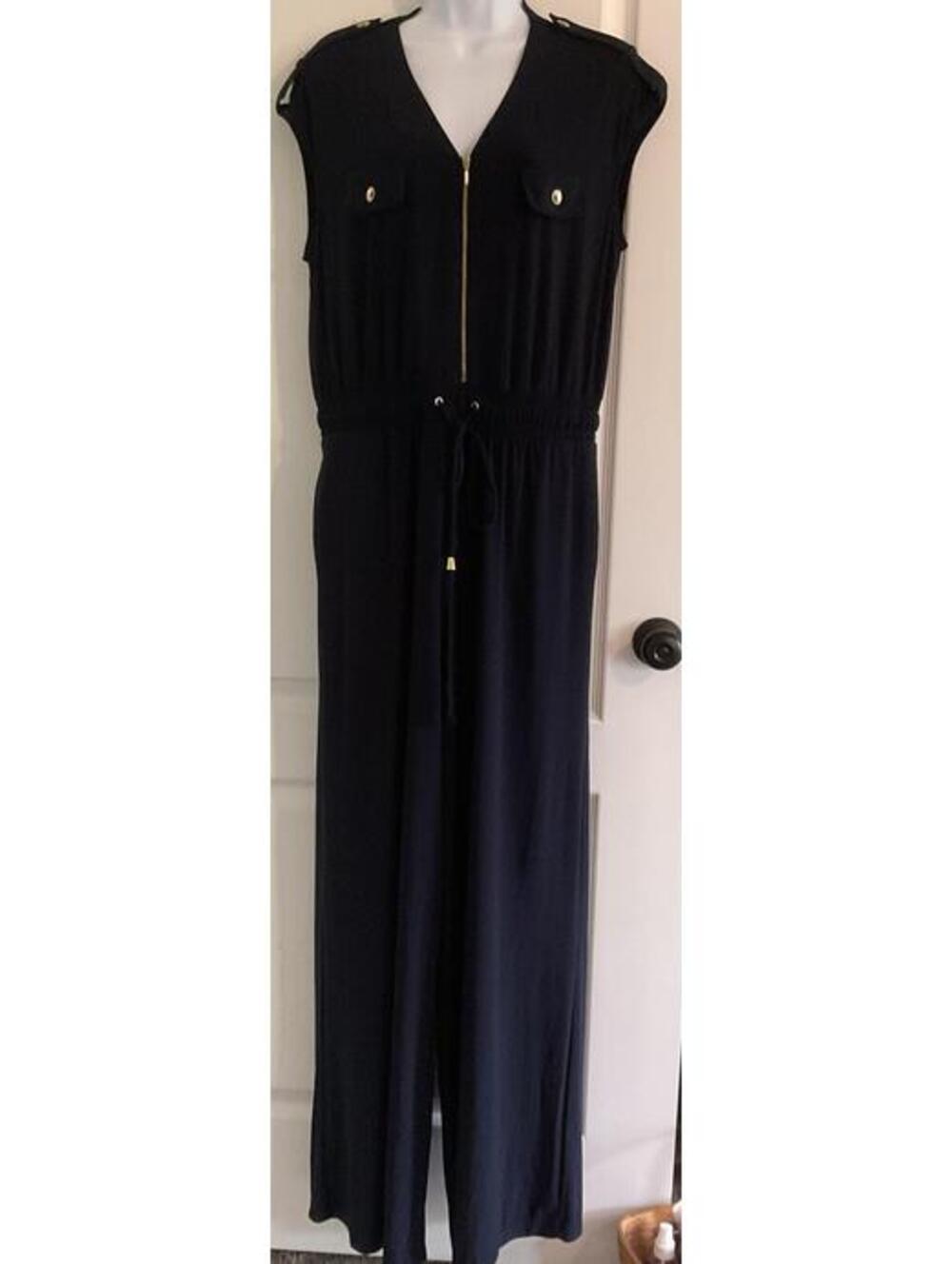 Navy Blue Sleeveless Jumpsuit with Gold Zipper and Button Details